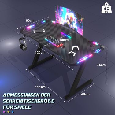 Ігровий стіл JUMMICO з RGB LED-підсвіткою, стійкий комп'ютерний стіл для геймерів та домашнього офісу, з тримачем для навушників та підстаканником, 120 x 60 см, чорний