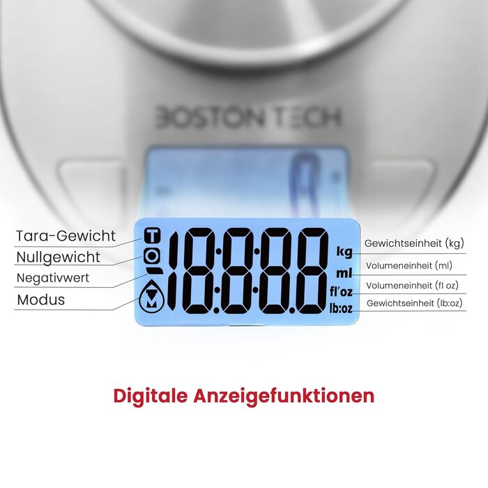 Кухонні ваги електронні Boston Tech Digitale з чашею з нержавіючої сталі 5 кг, LCD-дисплей, функція тарування, книга рецептів