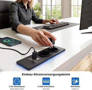 Ігровий стіл L-подібний з LED, 3 шухлядами, USB-зарядкою та розеткою 140x80 см, білий - для дому та геймінгу