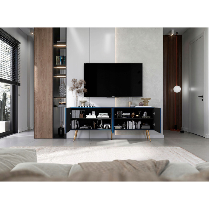 ТВ-тумба Glamour Loft, темно-синя матова, золоті металеві ніжки, 150 см