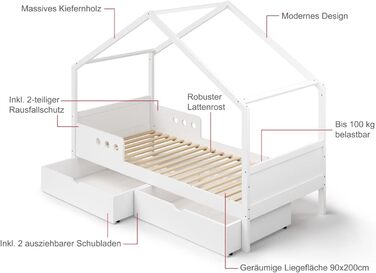Дитяче ліжко-домік Bellabino Bela 90x200 см з бортиками, натуральне дерево, масив сосни, з ламелями, для дівчаток і хлопчиків