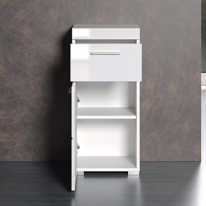 Комод для ванної Trendteam Amanda, білий глянцевий, 37x79x31 см, з 1 дверцятами і 1 шухлядою, універсальний, сріблясті ручки