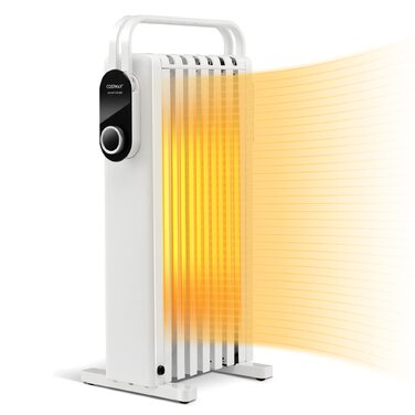 Електричний масляний радіатор COSTWAY 1500W, 7 секцій, регулювання температури 5-35℃, 3 режими потужності, мобільний обігрівач з колесами та захистом від перегріву, Білий