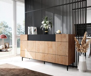 Комод Newfurn чорний дикий дуб, вінтажний індустріальний стиль, 180x90x42 см, для вітальні, спальні, передпокою, їдальні