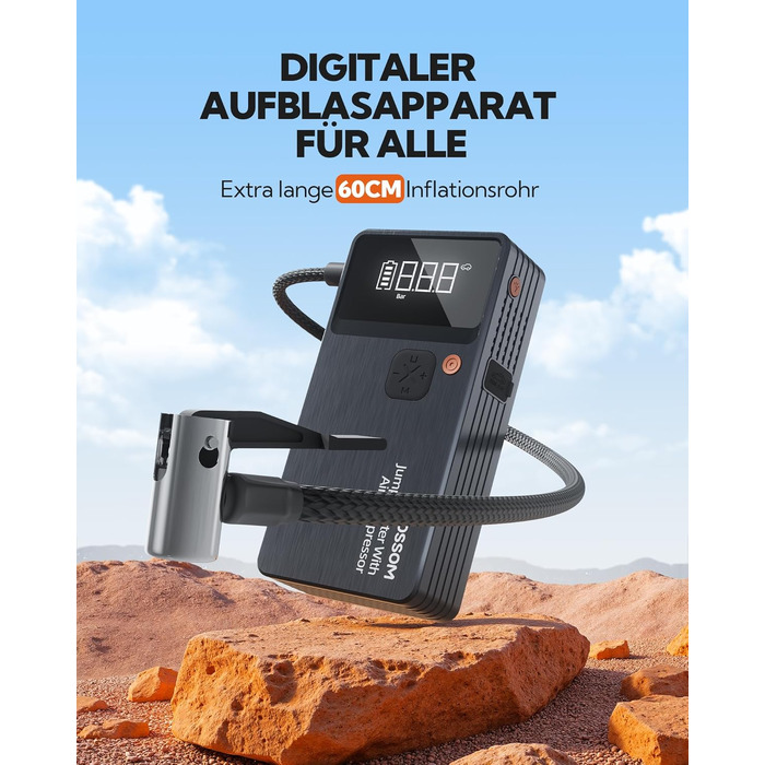 Бустер-стартер для авто 7-в-1 з портативним компресором, Powerbank 12000mAh, LED-ліхтарем та USB-C зарядкою, набір для екстреної допомоги JC8