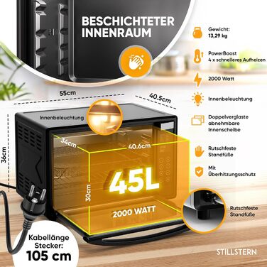 Міні-піч Stillstern 45л з конвекцією, Німеччина: Піца 32см, антипригарне покриття CYCLONE PRO+, 13 програм, розморожування, підтримання тепла, таймер 8 год, для кемпінгу
