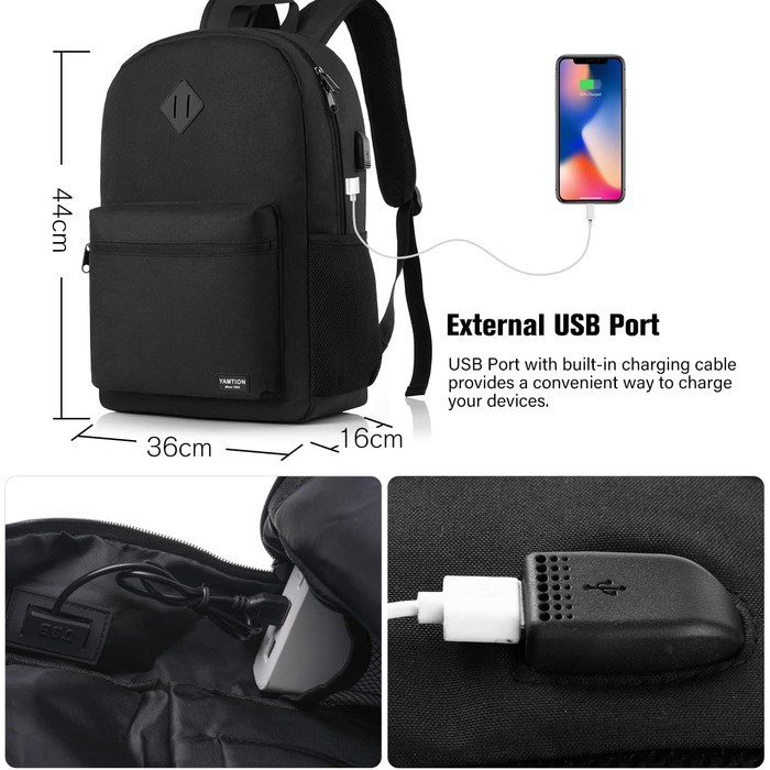 Рюкзак YAMTION для ноутбука 15.6'' з USB, чорний, універсальний для школи, підлітків, чоловіків і жінок, для навчання, роботи та подорожей