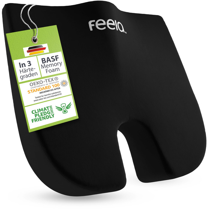 Ортопедична подушка-валик Feela® з 3 рівнями жорсткості – подушка з піною з пам'яті для корекції постави та полегшення болю в спині та сідничному нерві | Для дому, офісу, подорожей та ігрових крісел (жорстка) Чорний (80-110 кг)