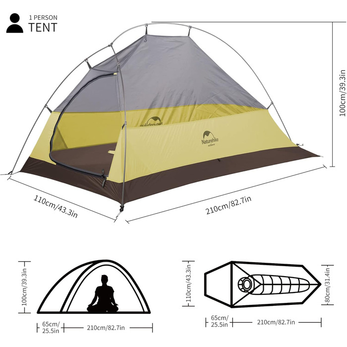 Намет Naturehike Cloud Up 1 Upgrade для 1 особи, легкий купольний, з тамбуром, 3-4 сезони, водонепроникний, для кемпінгу та туризму