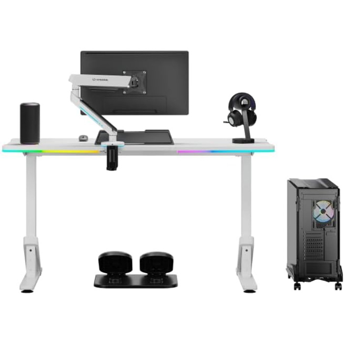 Комп'ютерний стіл ULTRADESK Iron з RGB підсвічуванням: механічний регульований стіл для геймінгу (білий)
