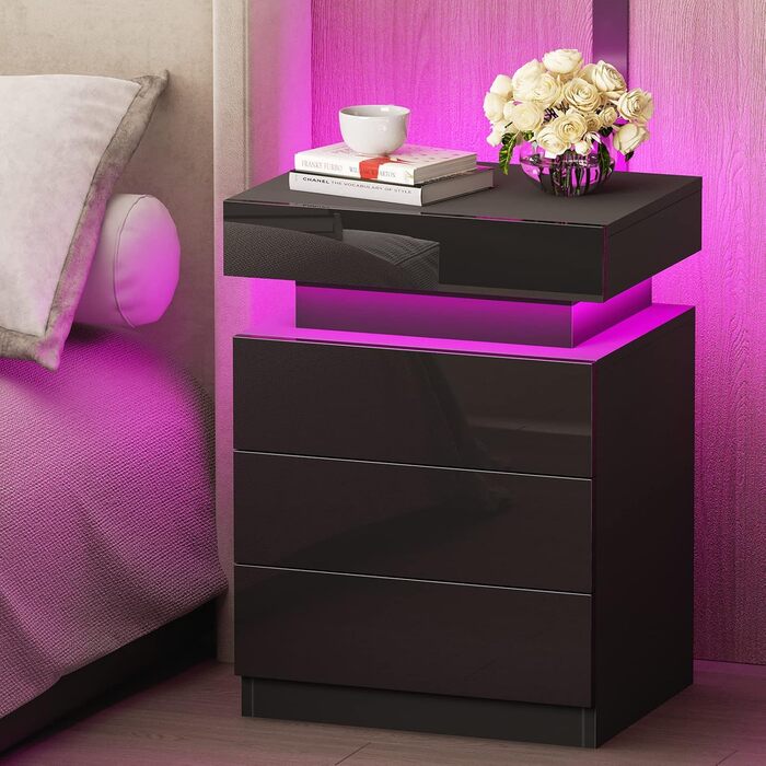 Сучасна тумба приліжкова HaodaCulture з LED-підсвіткою, 2 шухляди, чорна, 16 кольорів, для спальні, вітальні, робочого кабінету, 45x35x52 см, з відкидною кришкою