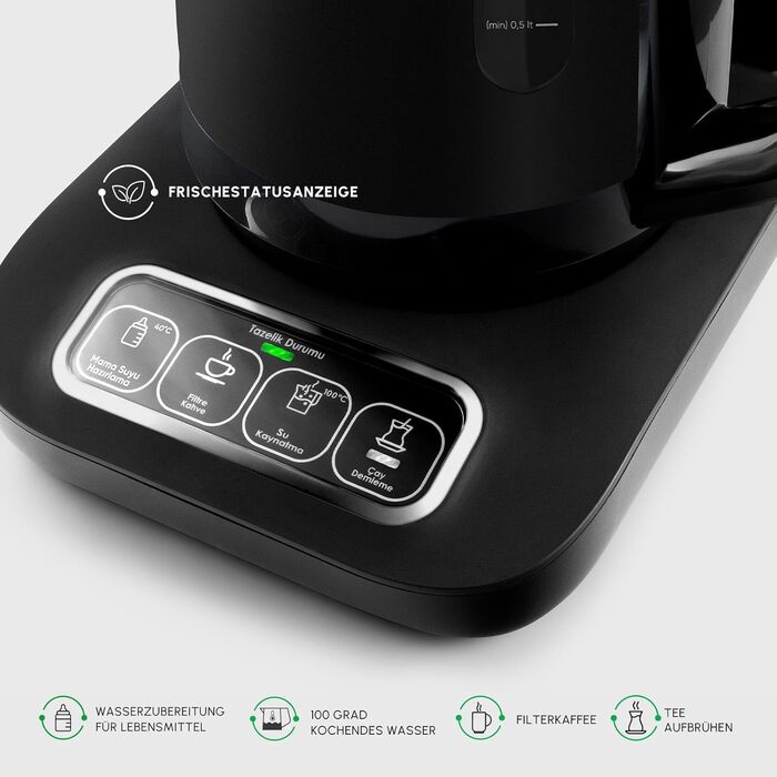 Чайоварка-робот Karaca Çaysever Pro 4-в-1: чайник, кавоварка, фільтр-кавоварка, 2500W, чорний & хром, з індикатором свіжості та голосовими підказками (великий, хром)