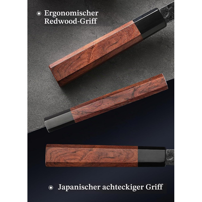 Професійний японський ніж Kiritsuke HEZHEN 21,5 см, кухонний ніж із 3-шарової дамаської сталі з восьмигранною ручкою з червоного дерева та дерев'яним чохлом