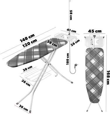 Складна прасувальна дошка KADAX 120x38 см з розеткою, регулюванням висоти, антиковзкими ніжками та підставкою для праски, у клітинку