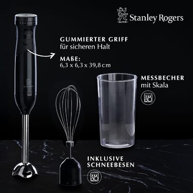 Сталевий блендер Stanley Rogers 500W з 1L скляною колбою, 4-лопатева система + насадка для змішування, 2 швидкості (занурювальний блендер)