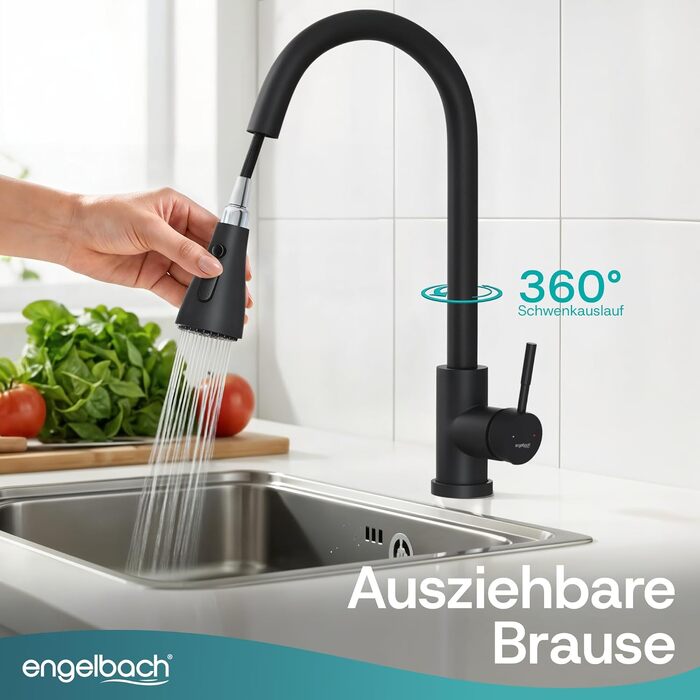 Змішувач кухонний Engelbach® висувний, поворотний на 360°, нержавіюча сталь 304, 2 режими струменя, чорний
