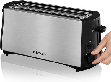 Тостер Cloer 3719 на 4 скибки, 1380 Вт, з підставкою для булочок, функцією додаткового підйому, піддоном для крихт, термоізольований корпус із нержавіючої сталі, чорний/нерж. сталь