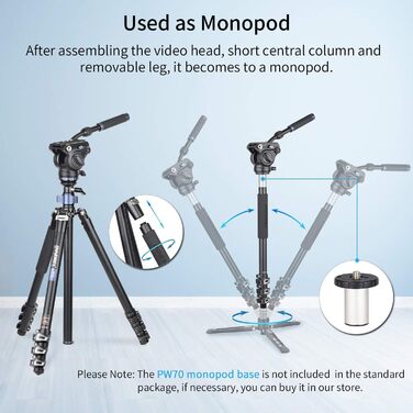 INNOREL MT70 професійний відеоштатив 183 см з флюїдною головою, 4-секційний компактний алюмінієвий штатив, трансформується в монопод для DSLR-камери та відеокамкордера