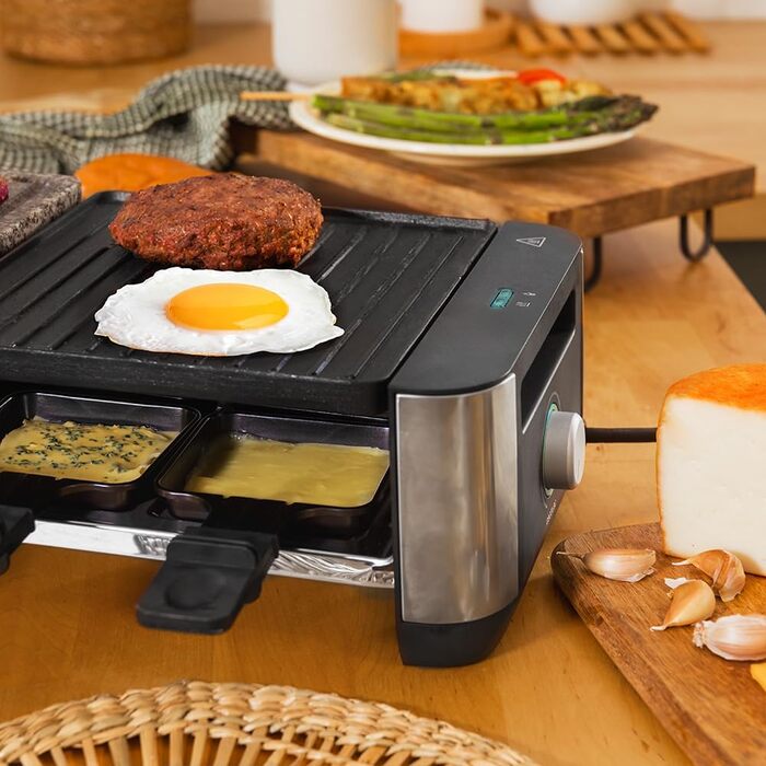 Електричний гриль-раклениця Cecotec MixGrill 16000 Inox – 1400 Вт, 8 персон, з регулюванням температури, 2 нагрівальні пластини (алюміній та натуральний камінь) 20x22 см, 8 сковорідок та 8 лопаток