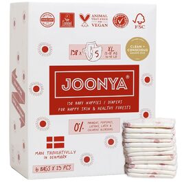 Дитячі підгузки Joonya розмір 5 XL (12-18 кг), 138 шт (6 упаковок по 23 шт) — гіпоалергенні, екологічні, висока поглинальна здатність, для нічного використання, м'які, Данія