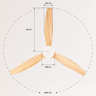 Вентилятор стельовий з підсвічуванням Windcalm Deckenventilator ABS, 132 см, пульт, DC-мотор, нікель/світле дерево