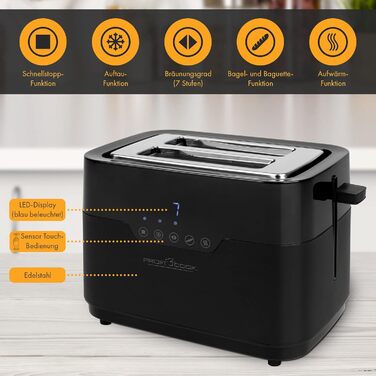 Тостер ProfiCook на 2 скибки з насадкою для булочок, широким отвором, 7 режимів підсмажування, функція розморожування, сенсорне керування, нержавіюча сталь, чорний матовий
