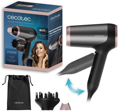 Фен для волосся Cecotec IoniCare Power&Go Black, 2400 Вт, з іонізацією та сумкою для зберігання, чорний