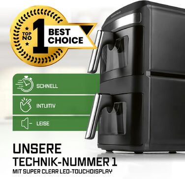 Аерофритюрниця GOURMETmaxx AirGenius 10L з двома камерами (2x5Л), сенсорним керуванням та 10 програмами приготування, для 8 осіб