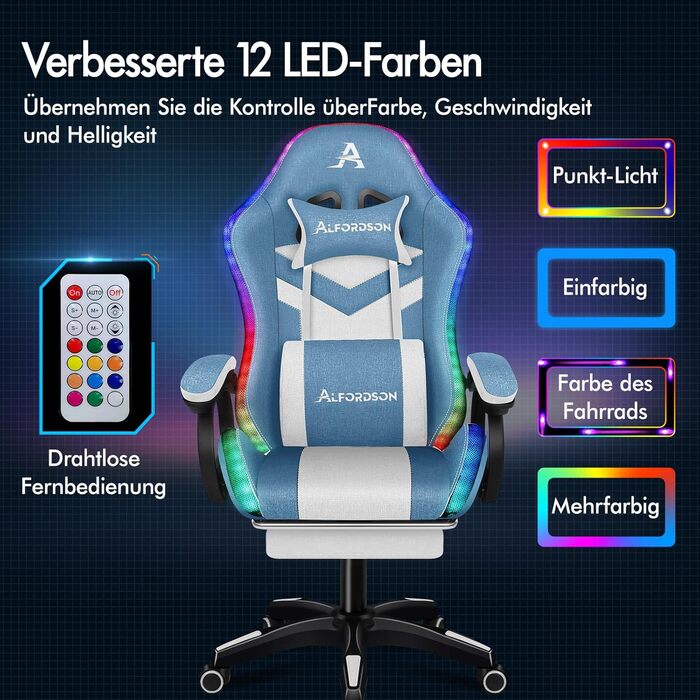 Ігрове крісло ALFORDSON з LED-підсвіткою, 8-точковий масаж, ергономічне крісло для геймерів з RGB, люмбарна та головна підтримка, текстиль, блакитно-біле