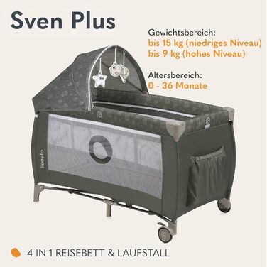 Ліжечко-манеж Lionelo Sven Plus 4-в-1 для немовлят від народження до 15 кг, з пеленальним столиком, москітною сіткою, вентиляційними боковинами, бічним входом і сумкою для транспортування, складане