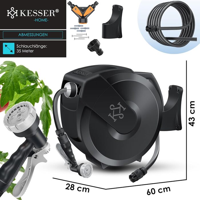 Шланг для саду KESSER® 35м з автоматичним підйомом | Шланг для поливу з тримачем для стіни | Водопровідна коробка для стіни з ручною лійкою 7-функцій | Антрацит/Чорний