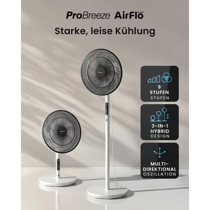 Вентилятор підлоговий Pro Breeze AirFlo Slim: 3 в 1, 70/100/130 см, 9 швидкостей, тихий, з пультом, таймером, для спальні та офісу (білий)