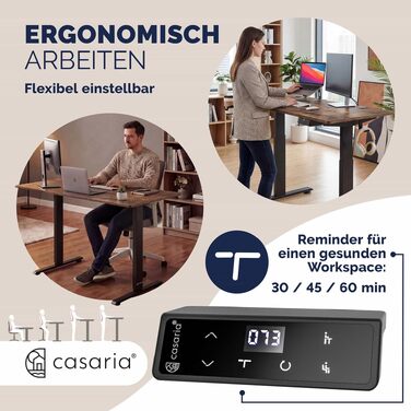 Ергономічний електричний стіл Casaria® з бездротовою зарядкою, USB-C/A, LCD-дисплеєм, пам'яттю, вантажопідйомністю 80 кг (вінтажний коричневий, 140x70 см)