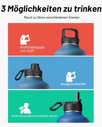 Термобутилка Coolflask 2Л зі сталі нержавіюючої з соломинкою та 3 кришками, вакуумний ізольований спорт-флакон для води та офісу, герметична, колір Indigo Black