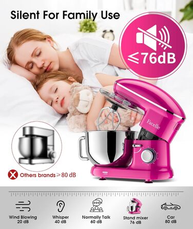Кухонна машина Facelle 1500W з нержавіючою чашею 6.2 л, 6 швидкостей, комплектом насадок (міксер, гак для тіста, вінчик, сплеск-захист), фіолетовий колір