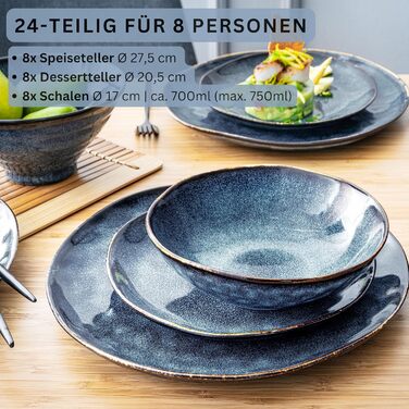 Sänger Tafelservice Tokio: 24-ти елементний набір посуду для 8 осіб, стегонна кераміка, сучасний ручної роботи, темно-синій з чорними акцентами | PREMIUM COLLECTION