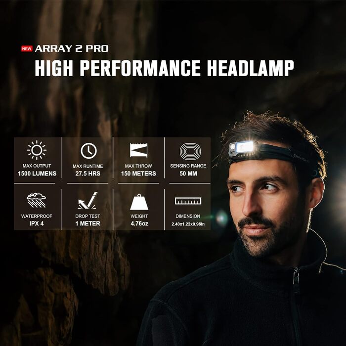 Лобовий ліхтар OLIGHT Array 2 Pro з жестовим сенсором, LED, 1500 люмен, 150 м, USB-C, акумуляторний, 3 світлові режими, червоне світло, 60° регулювання, SOS, помаранчевий