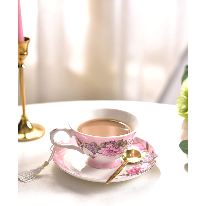 Чашка та блюдце з порцеляни Shabby Chic, 19,1 см, десертна тарілка, вінтаж, птах, метелик, квіти, подарункова коробка (рожевий)
