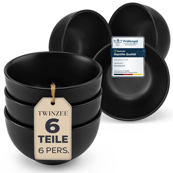 Набір посуду Twinzee Ebony Collection 24 елементи з матового чорного стеатиту для 6 осіб (тарілки, чашки, миски)