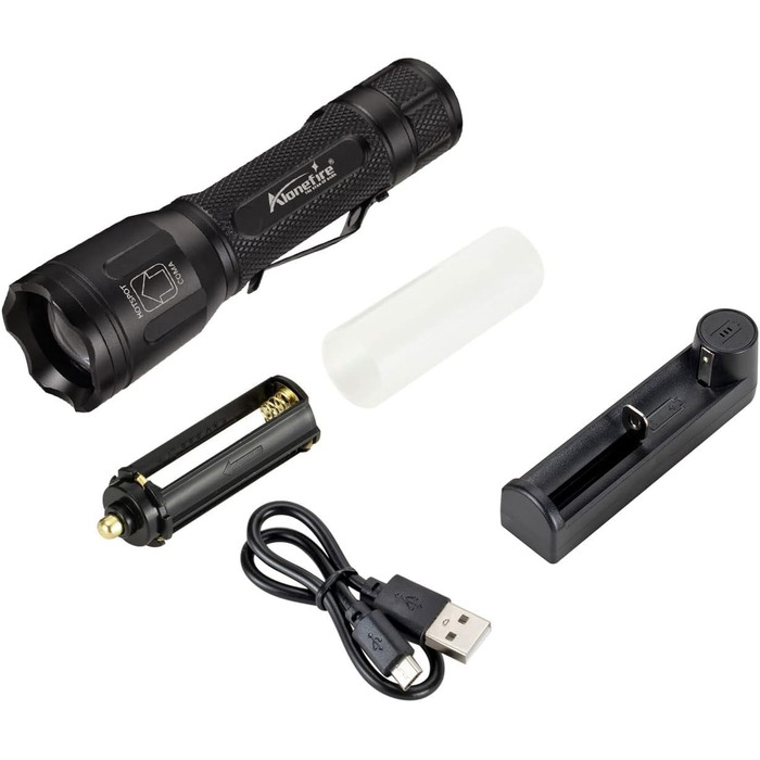 Alonefire X32 Багатофункціональний тактичний LED ліхтар 4-в-1: зелений, синій, білий, червоний, акумуляторний, з функцією зуму, комплект з батареєю та зарядкою, для полювання, туризму, поліції, військових, надзвичайних ситуацій