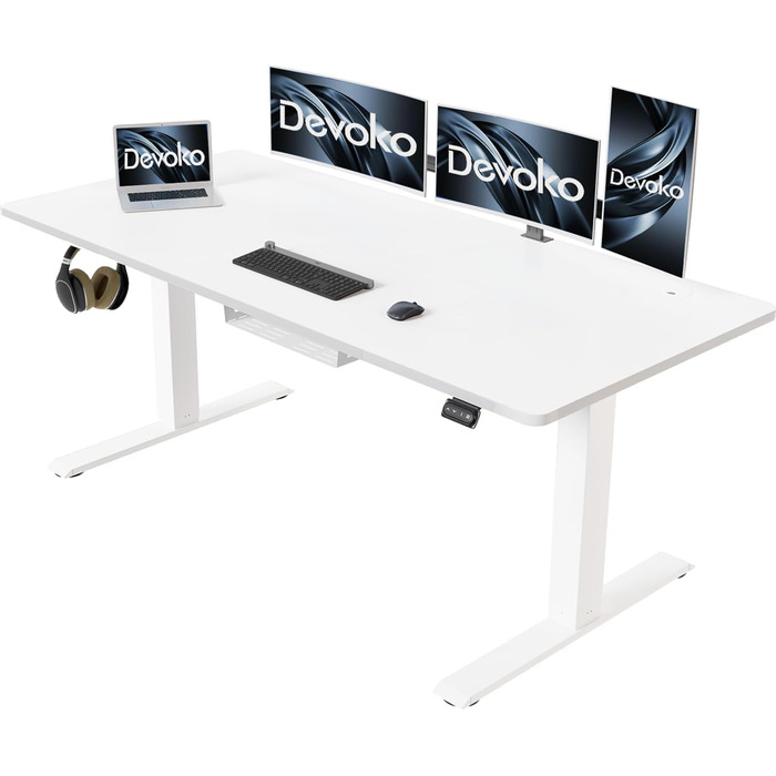 Електричний регульований стіл Devoko 140x60 см з кабель-органайзером, пам'яттю на 2 позиції, ергономічний комп'ютерний стіл для роботи стоячи та сидячи, білий