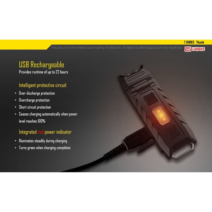 Ліхтарик-брелок Nitecore Thumb Mini 85 лм, USB-зарядка, рухома головка, чорний
