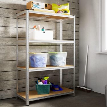 Стелаж металевий Monzana 170x75x30 см, 280 кг, 4 полиці з МДФ, для складу, гаража, майстерні, сріблястий