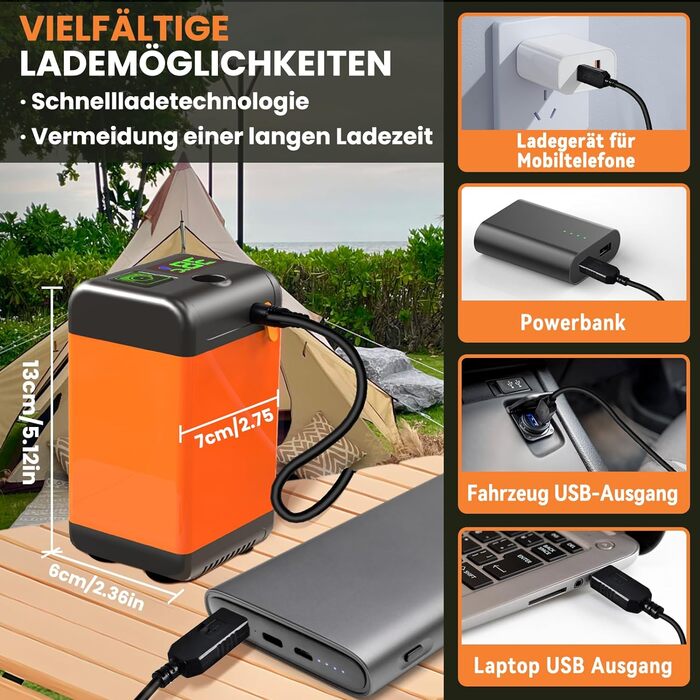 Портативний душ JONRRYIN для кемпінгу з насосом 6000mAh, термометром, душовою насадкою та 2м шлангом для саду, подорожей, авто та тварин