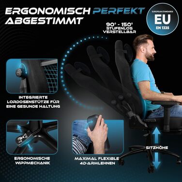 Ігрове крісло Ultimatrix FURY Ergonomic: з підтримкою попереку, 4D-підлокітниками, підніжкою та дихаючою тканиною, витримує до 150 кг, чорне