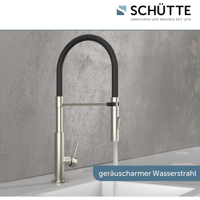 Змішувач кухонний Schütte 23138 Design з висувним шлангом Soft Touch, поворотний на 360°, нержавіюча сталь/чорний