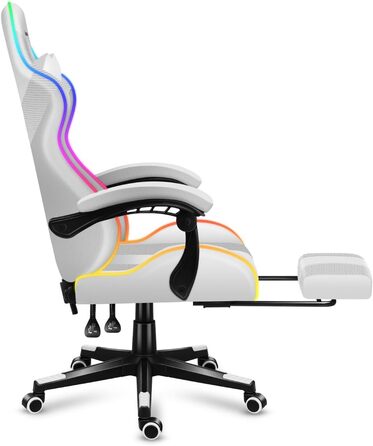 Ігрове крісло Huzaro Force 4.7, офісне, до 140 кг, RGB, біле, з підлокітниками, підставкою для ніг, подушкою для шиї та попереку, дихаюча сітка