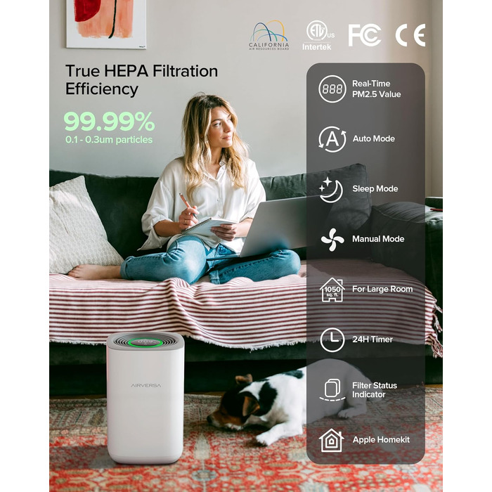 Розумний очищувач повітря Airversa Smart HomeKit AP2 для приміщень до 100 м², фільтрація PM2.5 99,99%, Thread, Siri, App, нічний режим 23 дБ, захист від дітей, білий