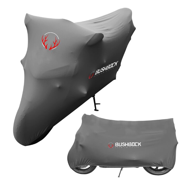 Преміум чохол для мотоцикла в приміщенні BUSHBOCK® — еластичний пилозахисний покривал з дихаючого оксамитового стрейч-тканини, сірий (розмір M-L)