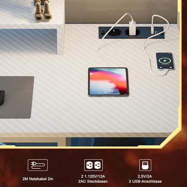 Ігровий стіл Devoko з LED-підсвіткою, 120x60 см, комп'ютерний стіл із USB та розеткою, полиця та підставка під монітор, вінтажний коричневий